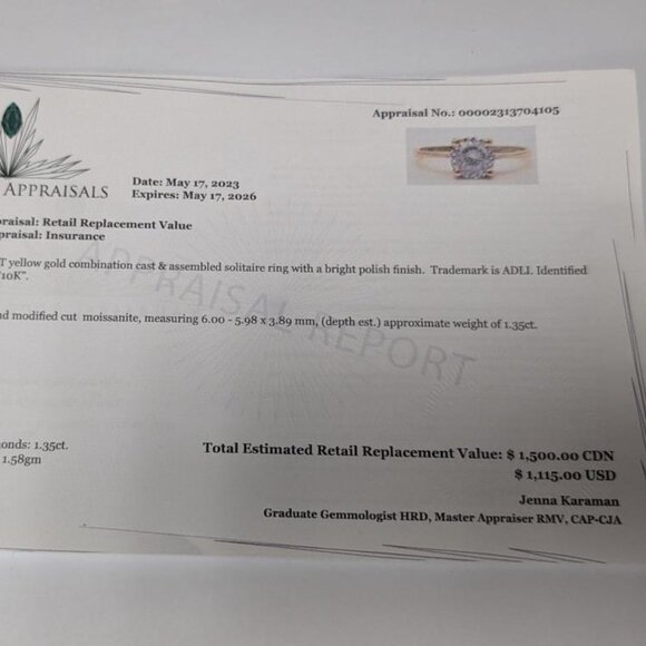 10K Yellow Gold 1.59G Moissanite 1Ct Ring. With appraisal document. - Picture 4 of 4